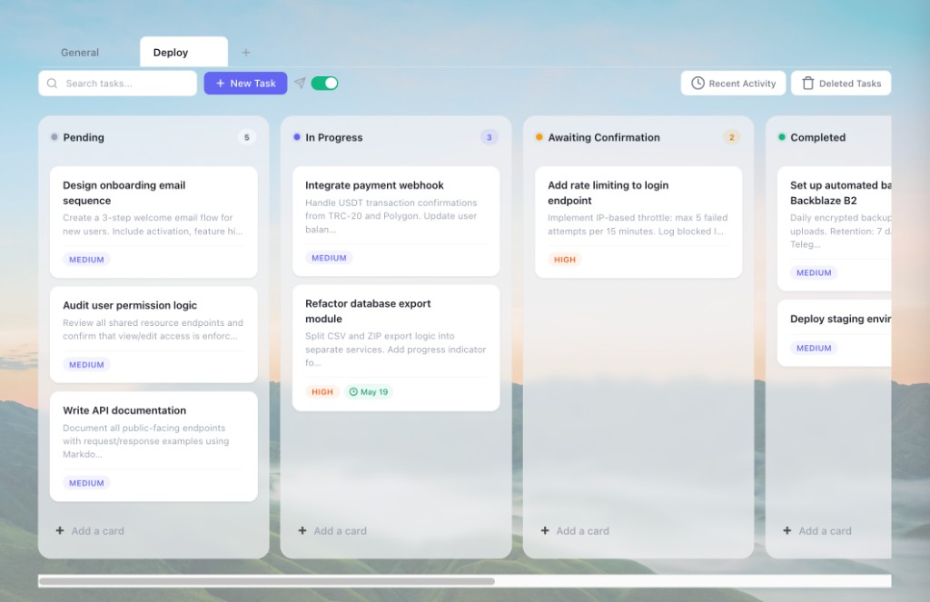 Task board with Kanban columns